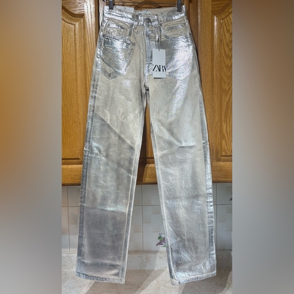 NWT Zara Boy Boy Fit Jeans Metallic Silver Size 2 - Picture 2 of 12